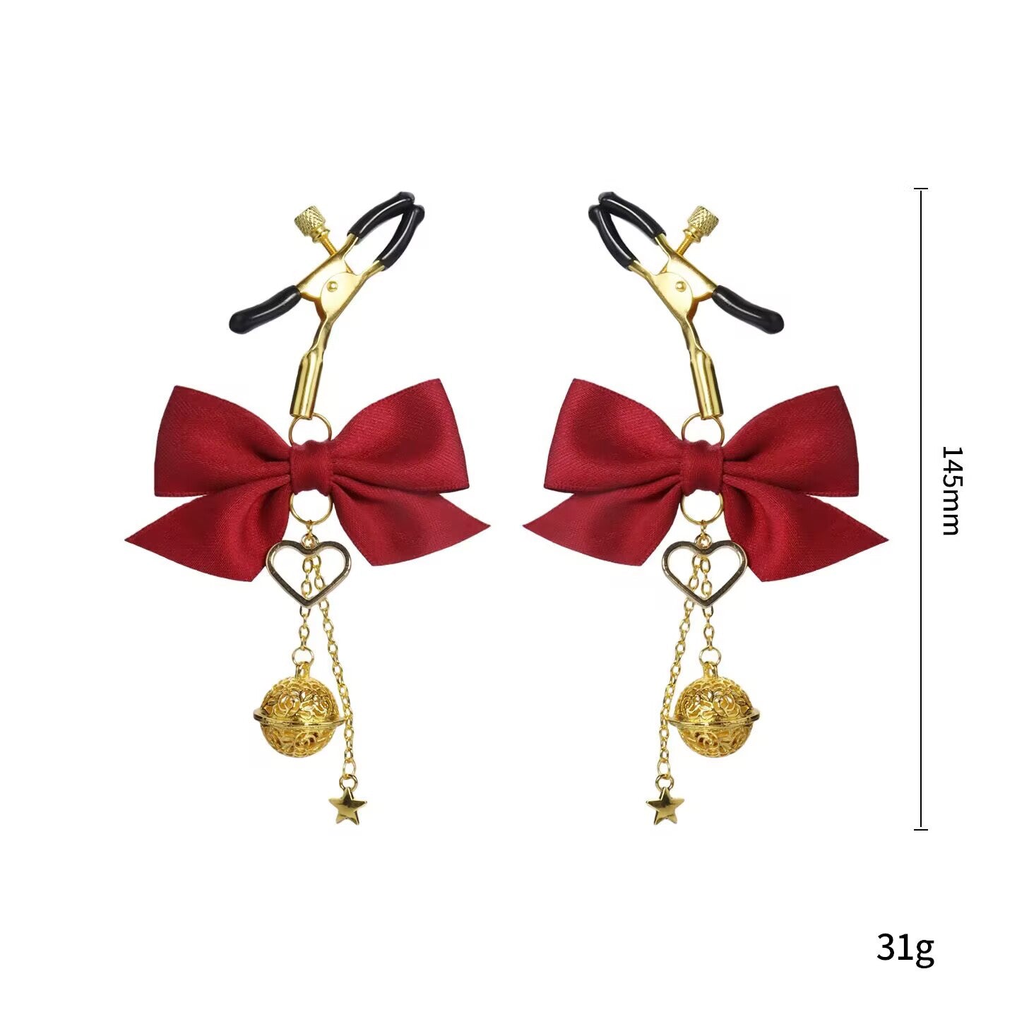145mm long adjustable red bow sensual clamps with size markings.