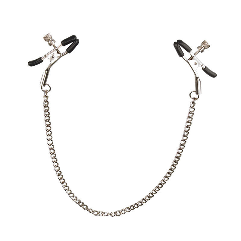 Pair of silver nipple clamps with black protective tips and chain.