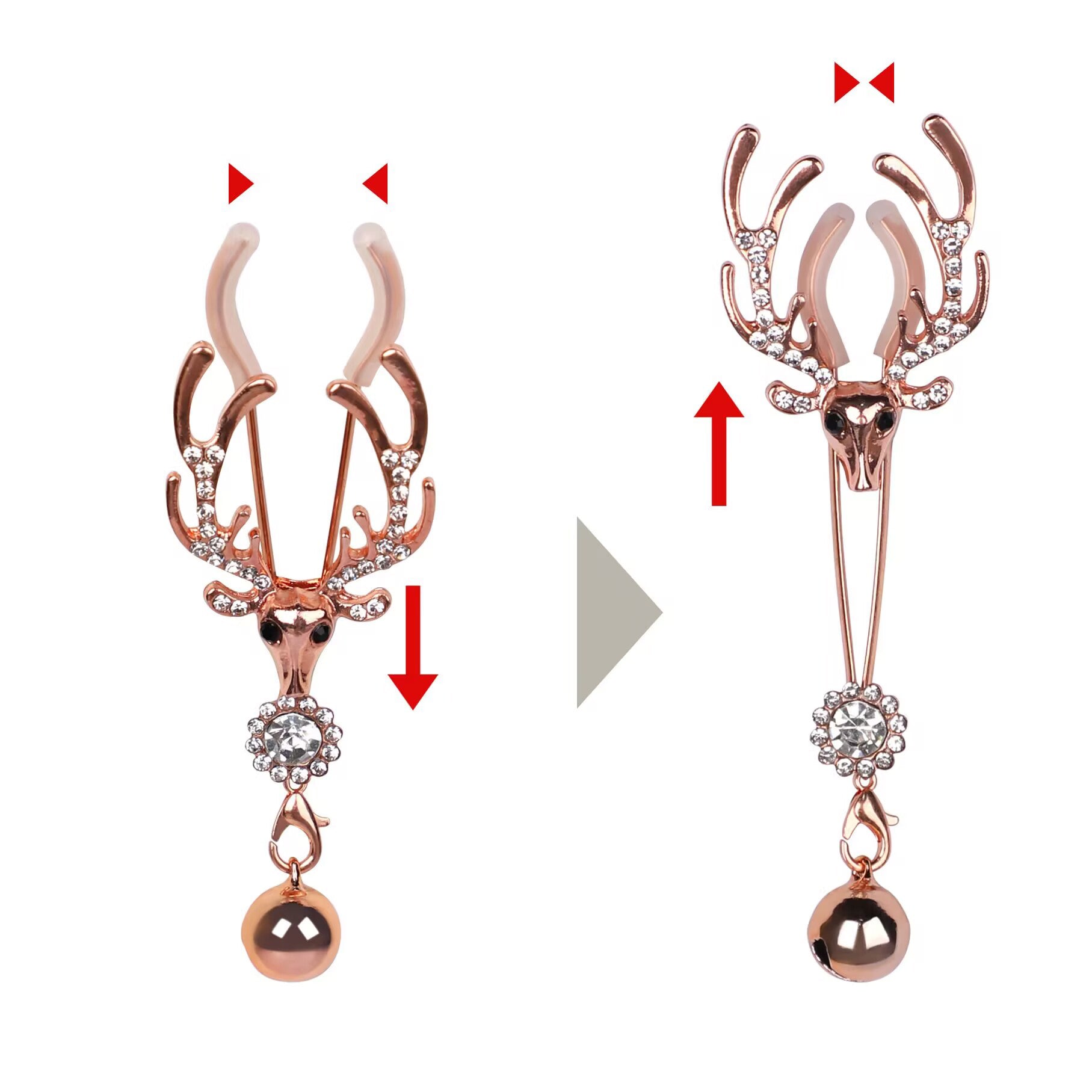 Instructional diagram showing how the reindeer motif slides to adjust clamp tension.