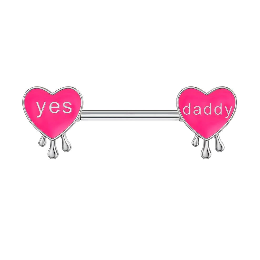 Front view of high-quality pink heart-shaped nipple barbells for alternative fashion.