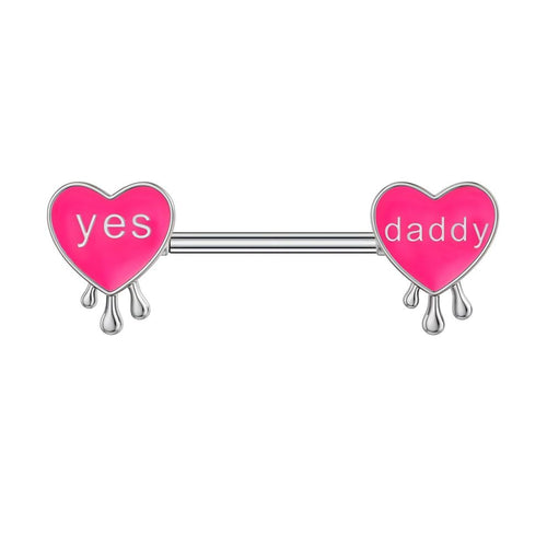 Front view of high-quality pink heart-shaped nipple barbells for alternative fashion.