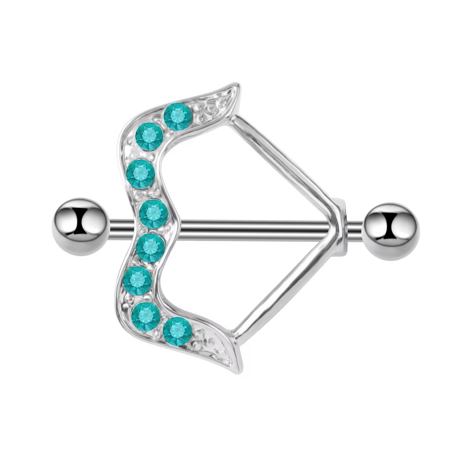 Intricate bow nipple piercing featuring vibrant ocean blue stones on a silver barbell.