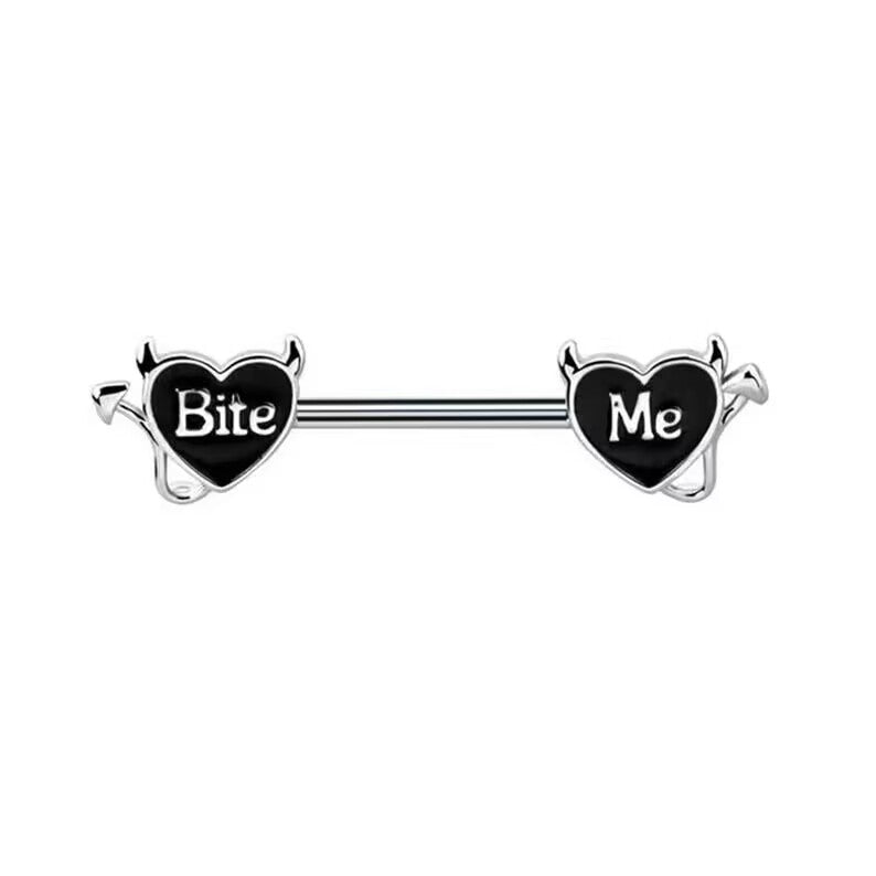 Gothic style nipple ring with devil horns and tail featuring Bite Me lettering.