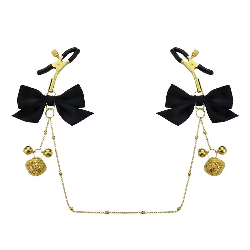 Elegant black bow sensory clamps connected by a delicate chain.
