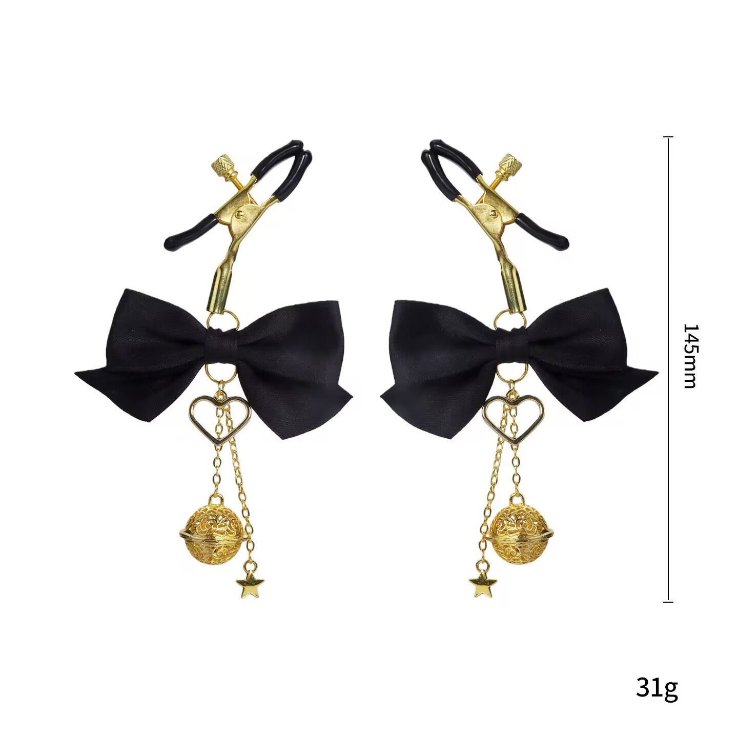 Elegant black bow clamps for sensual play with adjustable tension knobs.