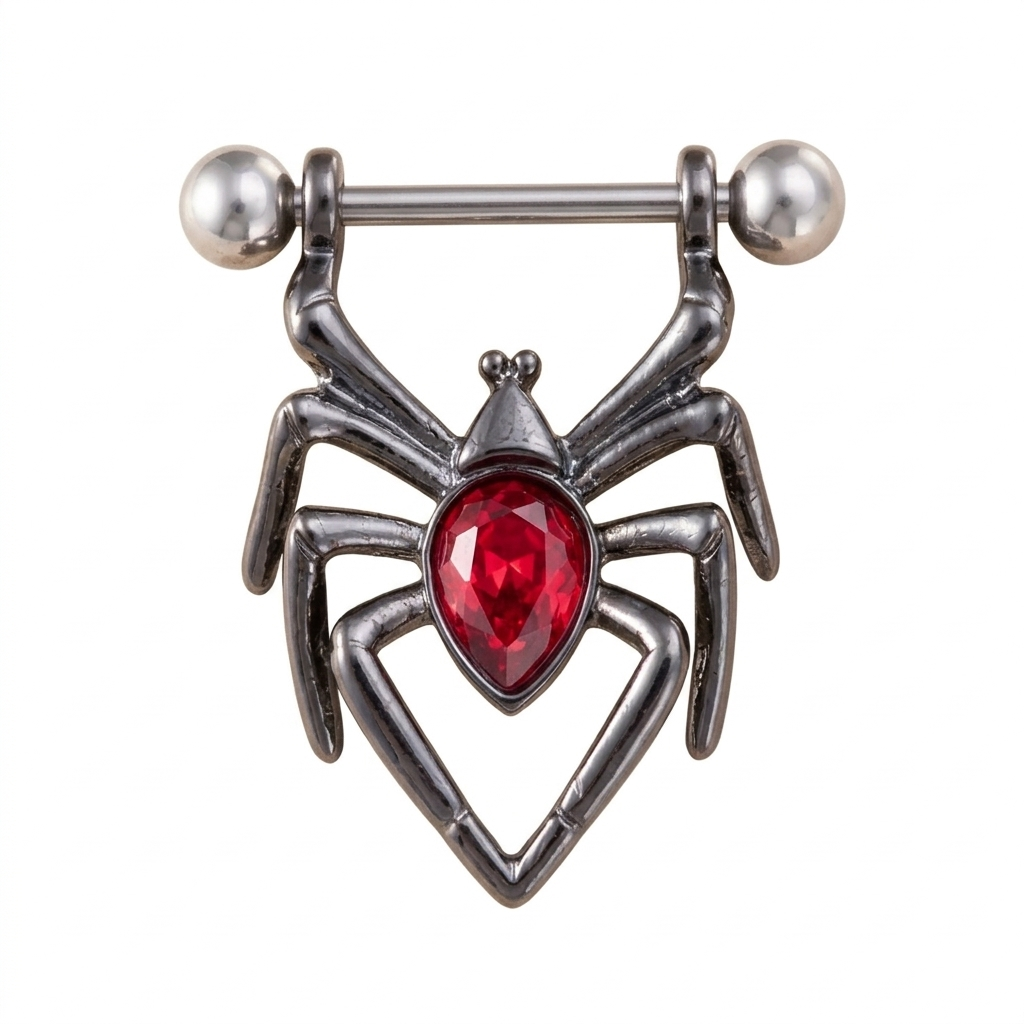 Front view of a black spider nipple shield with a red teardrop gem on a white background