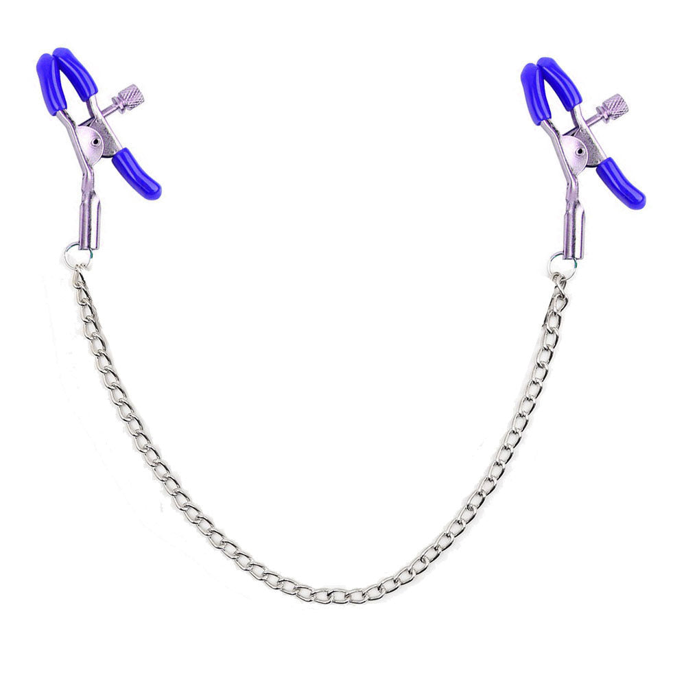 Professional nipple clamps with dark blue tips and connector chain.