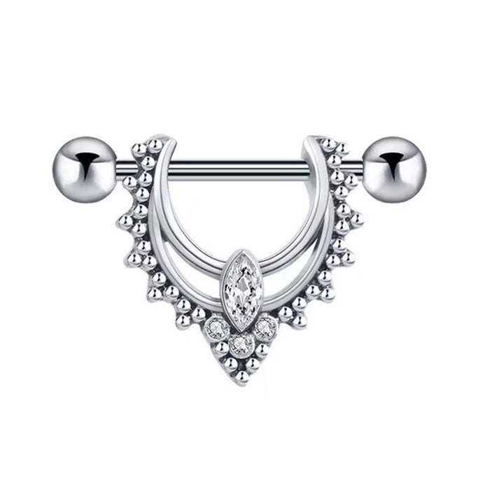 Front view of a silver-tone nipple shield featuring a marquise crystal and beaded V-shape design on a white background.