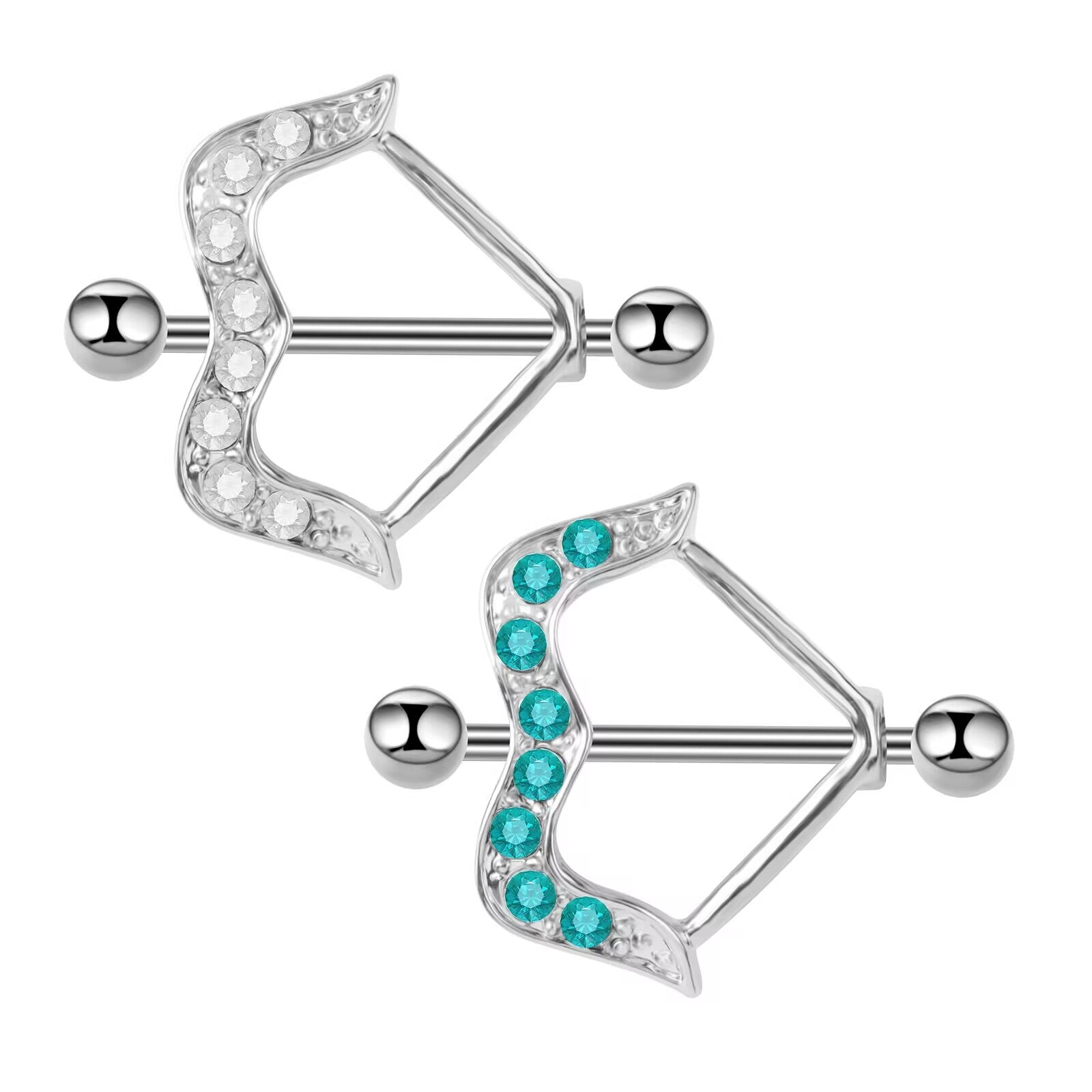 Comparison of the bow nipple shield in clear white and turquoise blue color options.