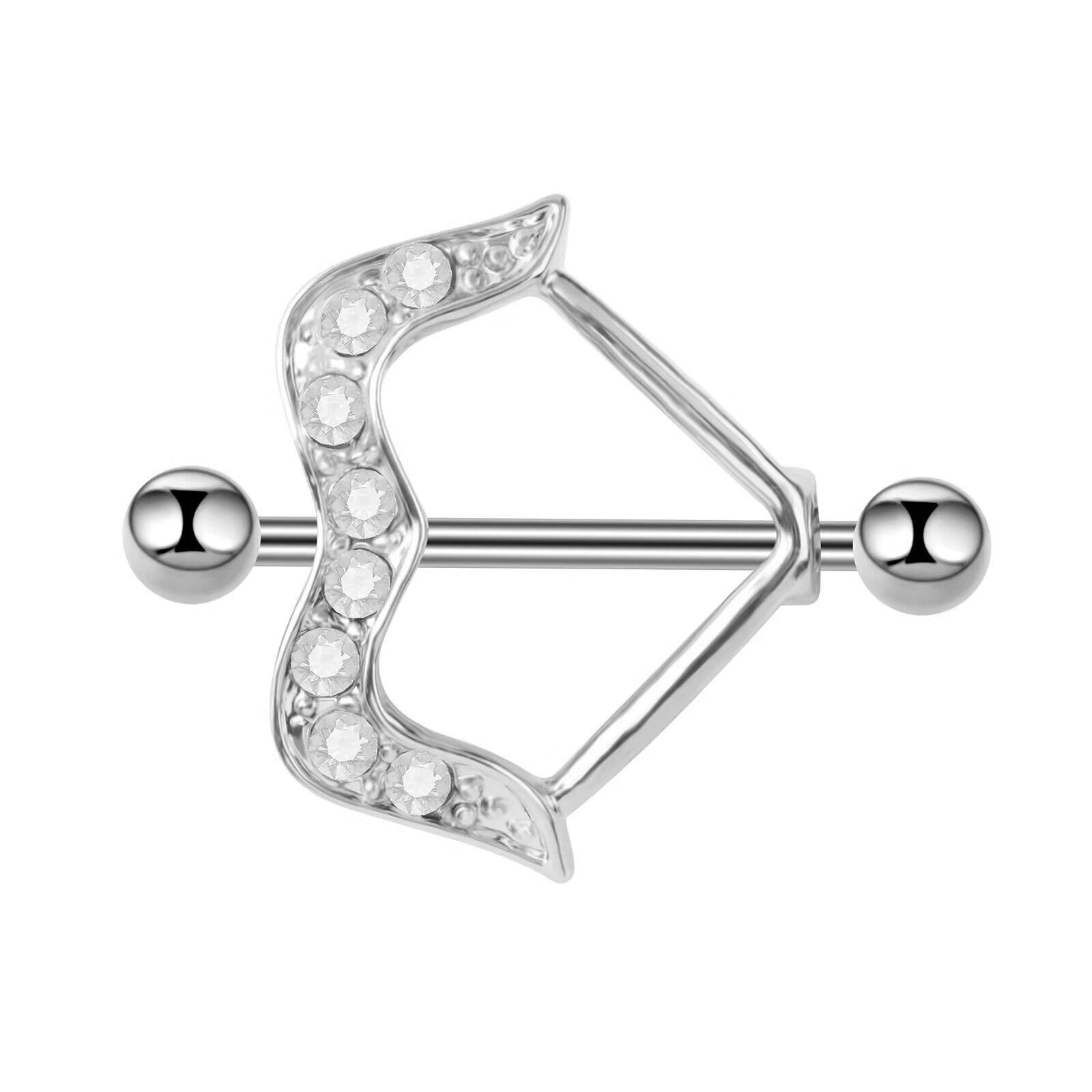 Front view of a silver bow-shaped nipple shield with clear sparkling crystals.