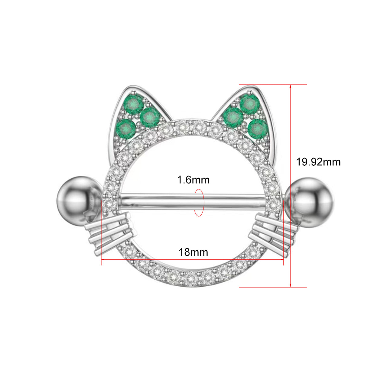 Detailed size chart for cat nipple jewelry showing 1.6mm gauge and 18mm bar length.