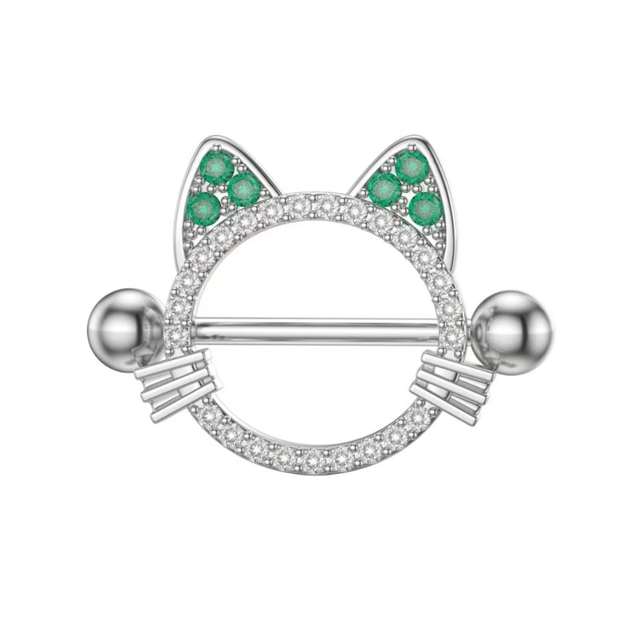 Front view of a silver cat-shaped nipple shield with green ear accents and clear crystals.