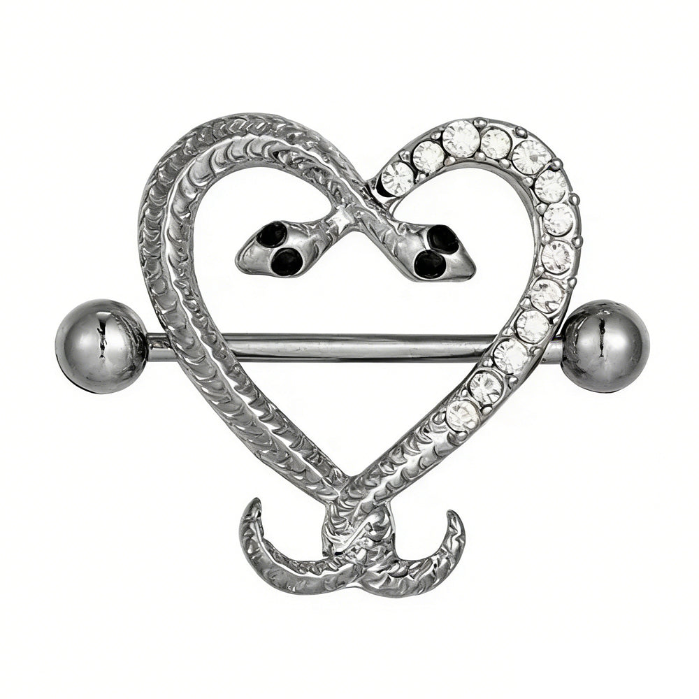 Clear crystal gothic snake heart nipple ring on white background.