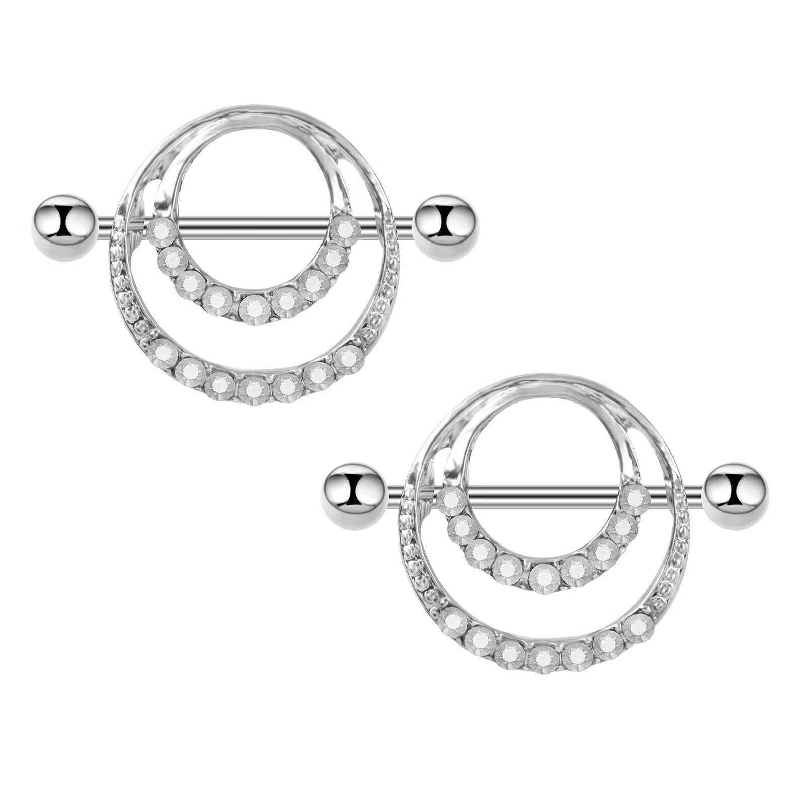 A pair of symmetrical circular nipple barbells with brilliant clear white stones.