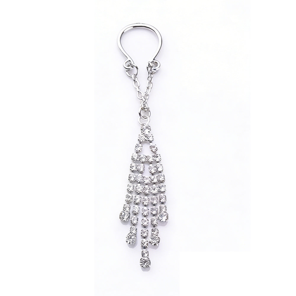 Silver-tone crystal tassel non-piercing body jewelry on white background.