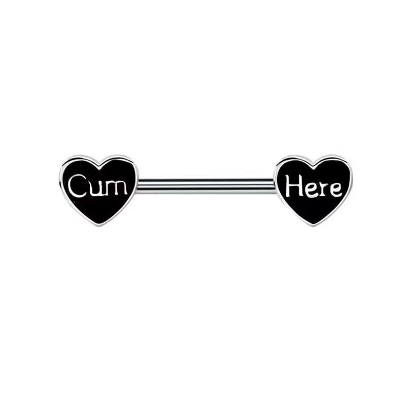 Minimalist black heart nipple bar with Cum Here text design.