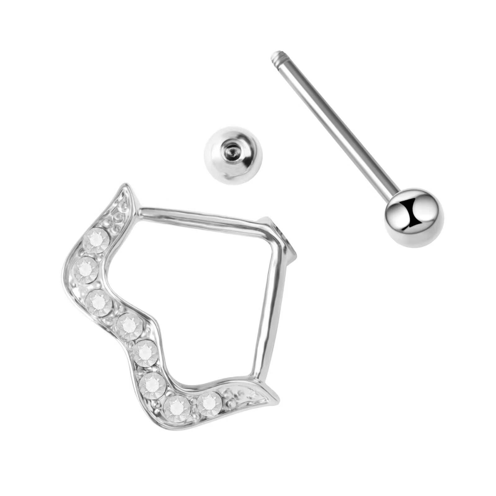 Deconstructed view of the bow nipple shield showing the removable barbell and decorative frame.