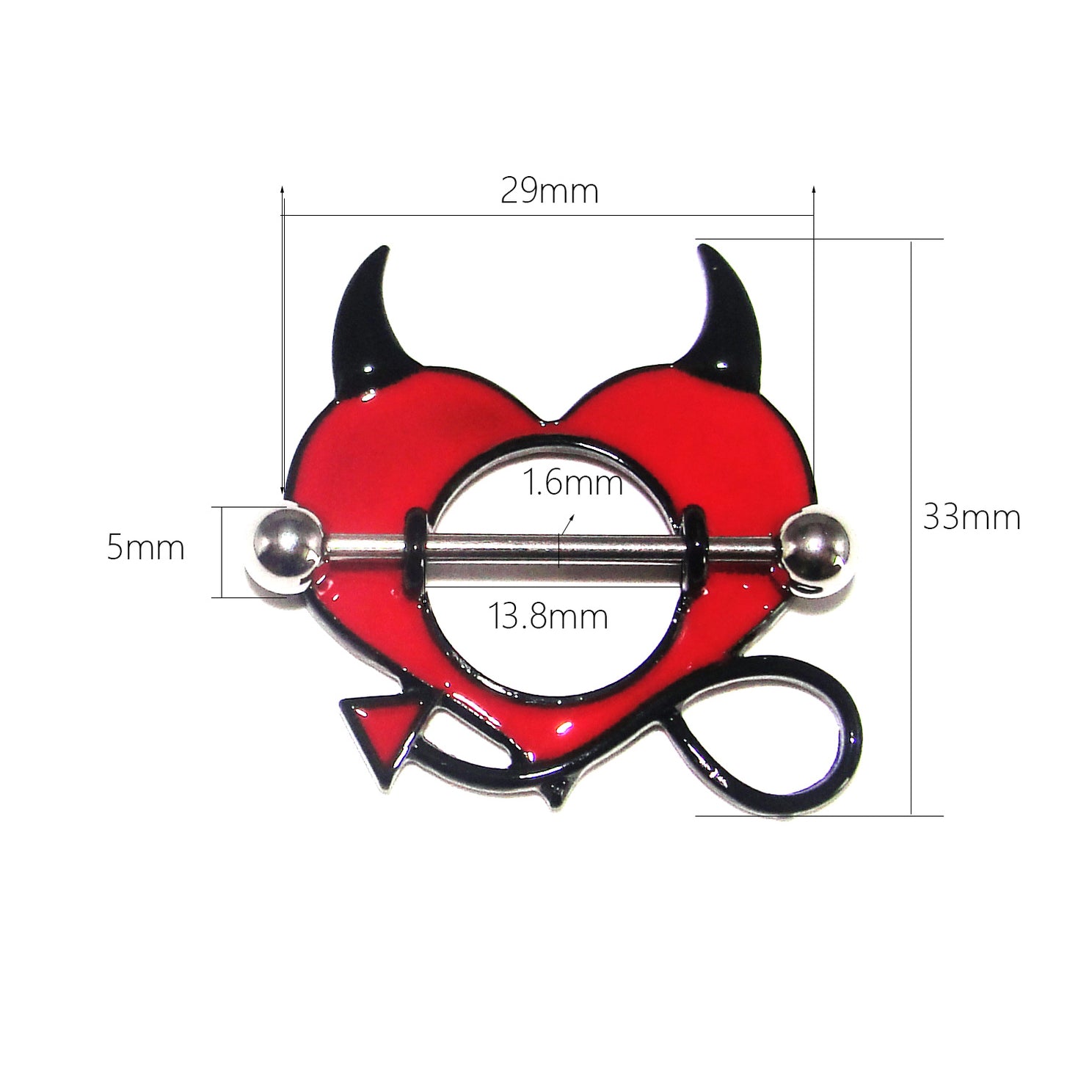 Close-up of a single Devil Heart nipple shield with detailed millimeter dimensions for height, width, and barbell hole size.