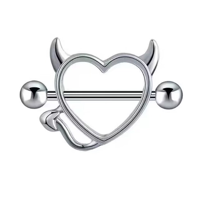 Silver devil heart nipple shield barbell with horns and tail