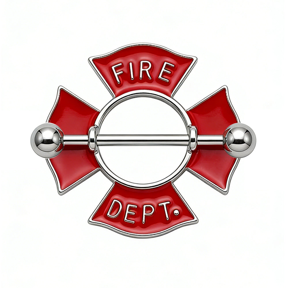 Front view of a red enamel firefighter Maltese cross nipple shield with "Fire Dept" text.