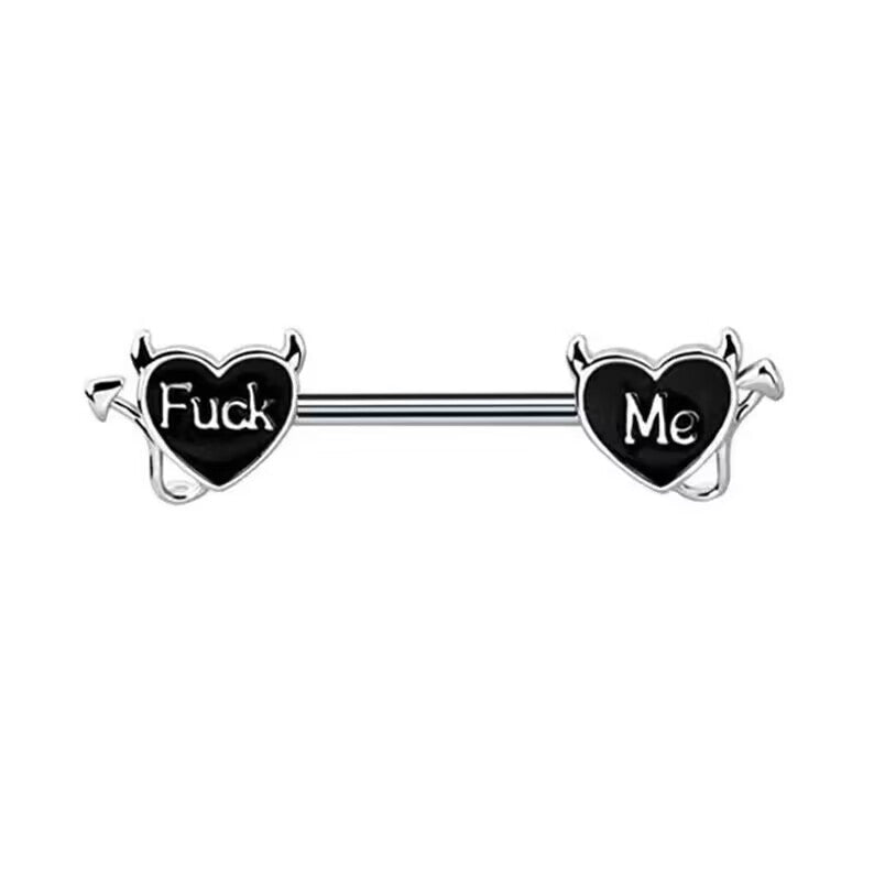 Black devil heart nipple piercing jewelry featuring the text Fuck Me