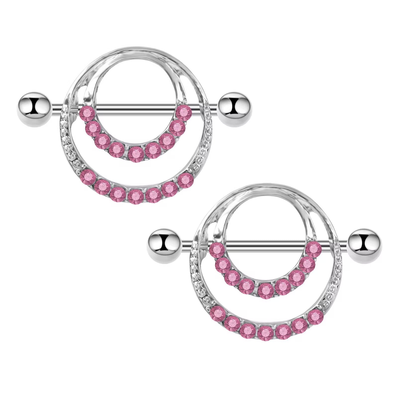 Elegant pair of body piercing jewelry with layered pink shimmering accents.