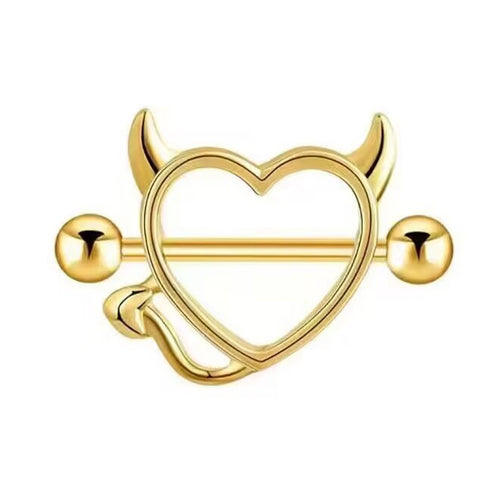 Gold-toned heart-shaped nipple piercing with demon horns