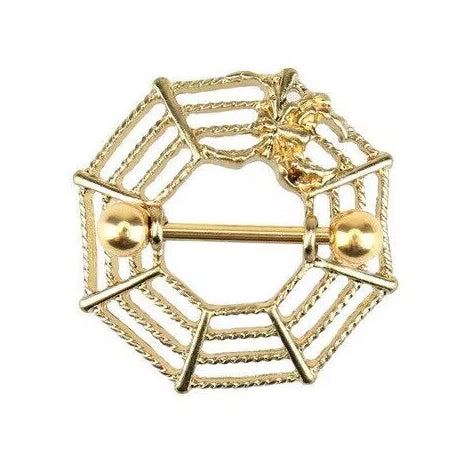 Front view of a gold octagonal spider web nipple shield with a small spider detail