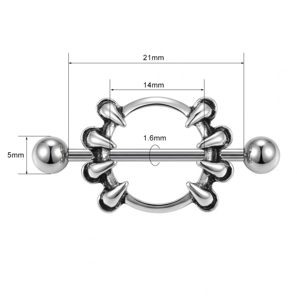 Technical drawing of a claw nipple shield showing 14mm inner diameter and 1.6mm bar gauge.