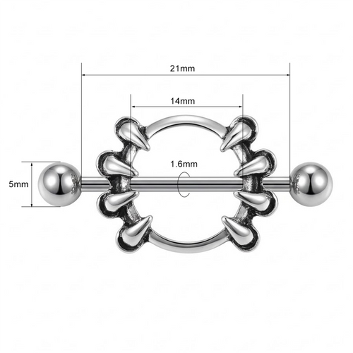 Technical drawing of a claw nipple shield showing 14mm inner diameter and 1.6mm bar gauge.