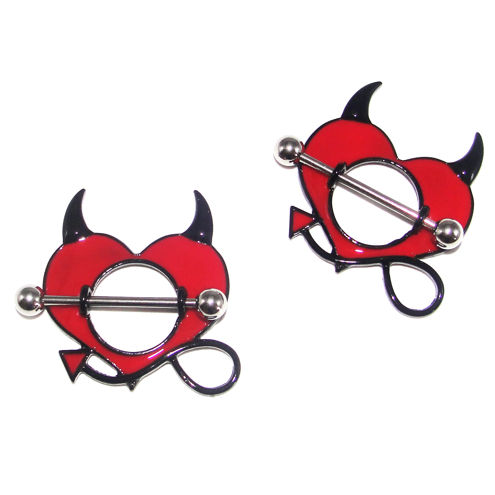 A pair of red and black Gothic Devil Heart nipple shields with horns and tail, shown from a direct front view against a white background.