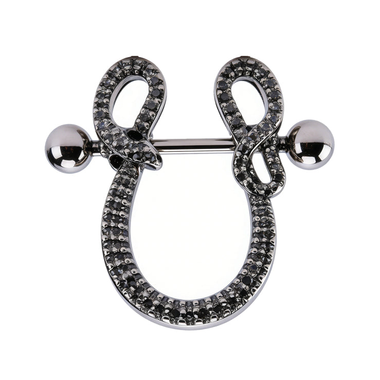 Front view of a gothic nipple shield featuring two black-stoned snakes