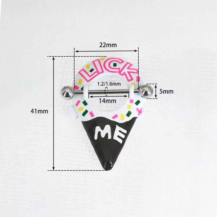 Technical diagram showing the 41mm height and 14mm barbell length of the nipple jewelry.
