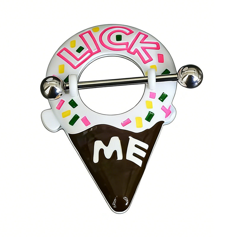 Front view of a white ice cream nipple shield with chocolate dip and Lick Me text.