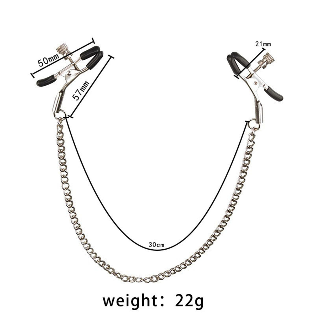 Detailed dimensions of 30cm chain and 57mm length nipple clamps.