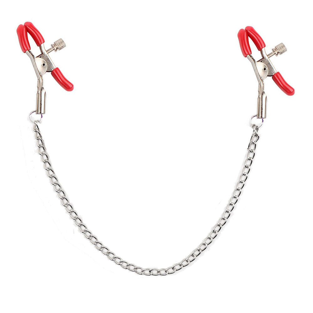 Adjustable sensory nipple clamps with bright red comfort tips.