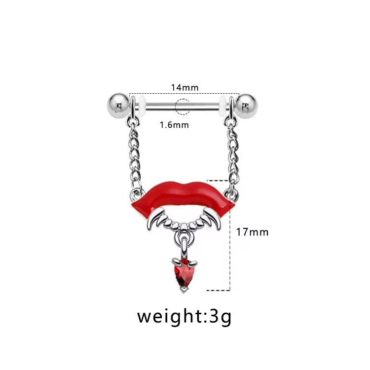 Size specifications for 14G vampire lips nipple piercing jewelry.