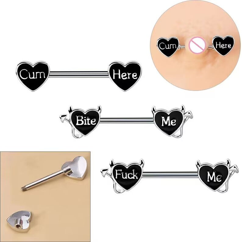 Exploded view of the screw-off heart nipple ring parts and an application demo.