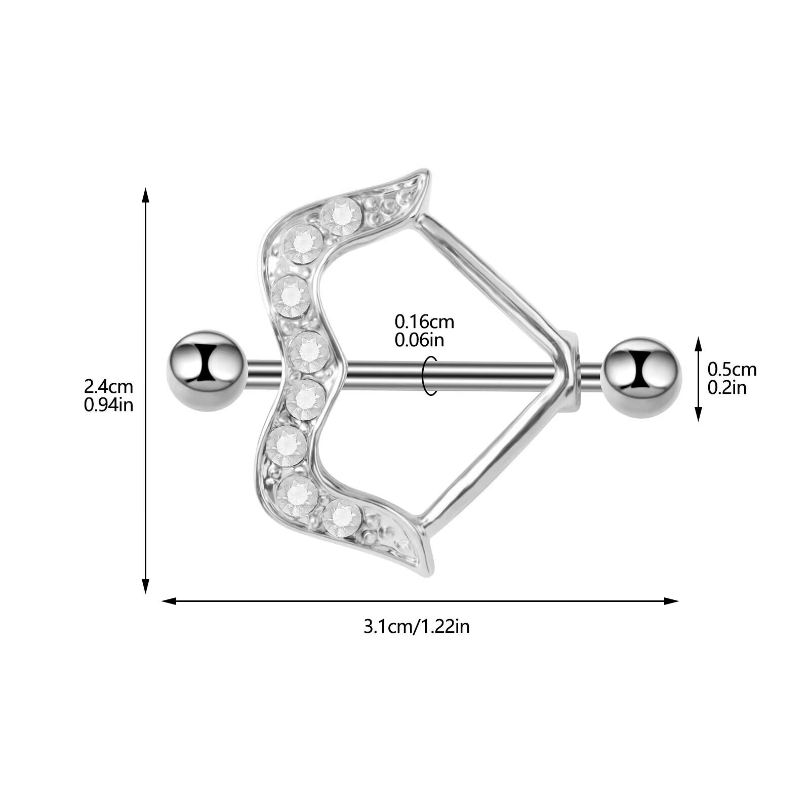 Detailed measurement diagram showing the 3.1cm width and 14G gauge of the bow nipple jewelry.