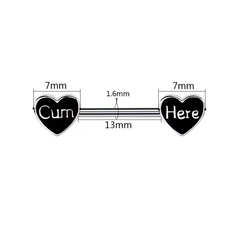 Product dimension chart showing 1.6mm gauge and 13mm bar length for heart nipple rings.