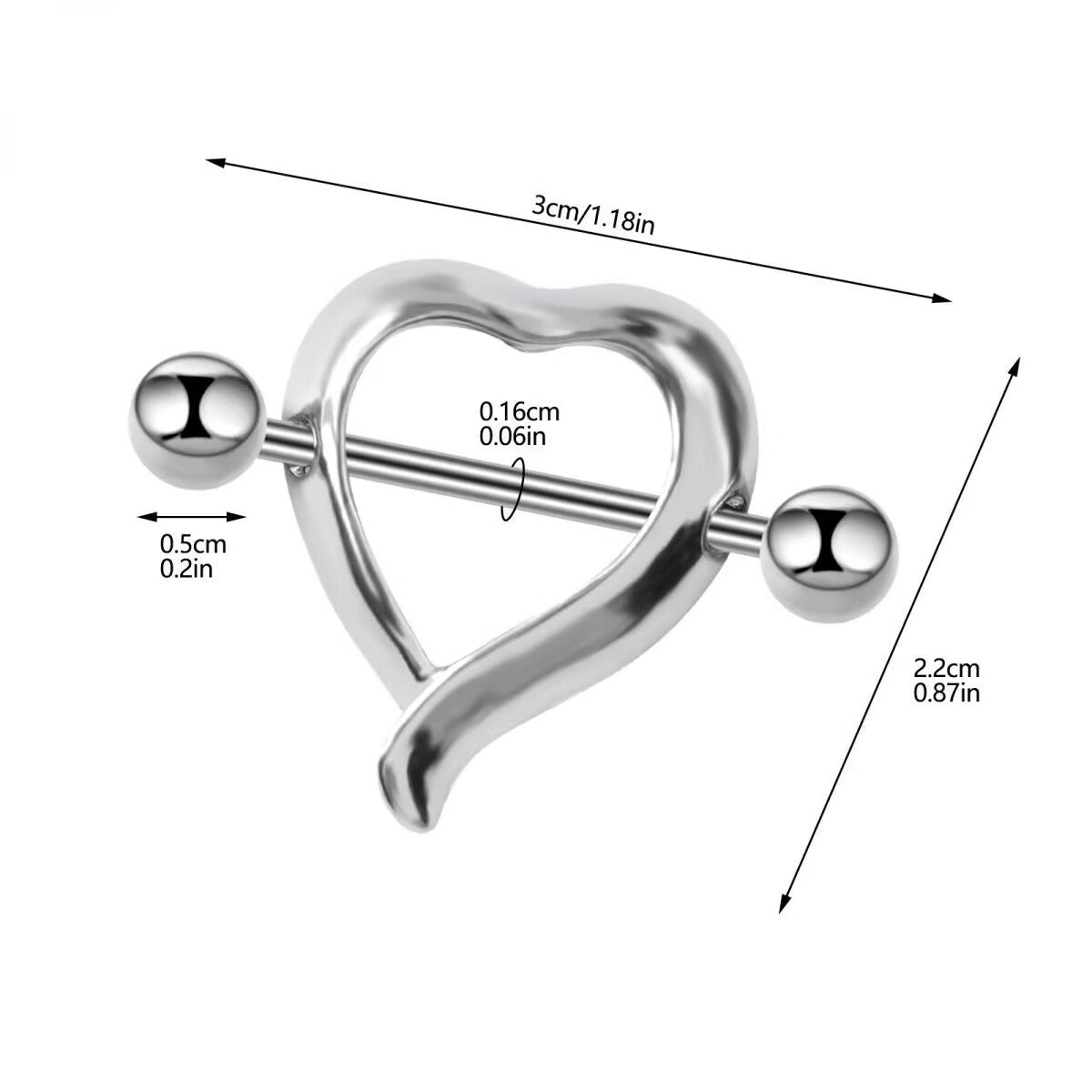 Dimension diagram for heart nipple shield showing gauge and length