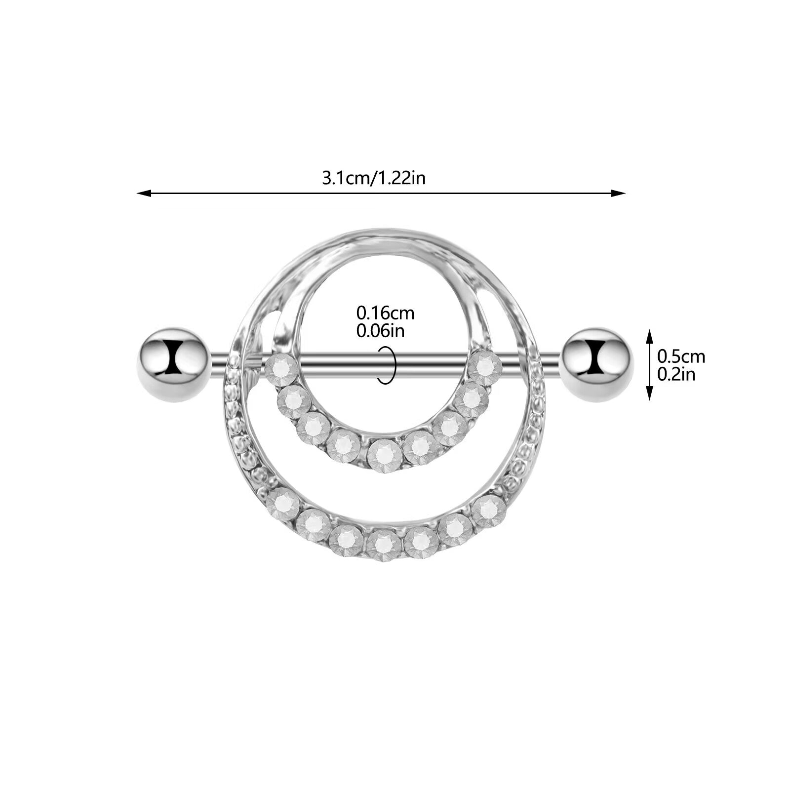 Detailed measurement diagram showing the dimensions and bar length of the nipple jewelry.