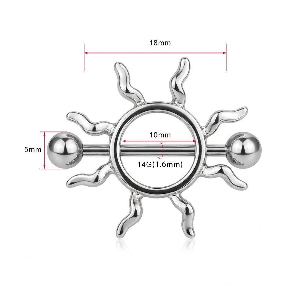 A product measurement diagram showing the dimensions of the unique sun nipple piercing jewelry, with arrows indicating 18mm length, 10mm inner diameter, 5mm bead size, and 14G thickness.
