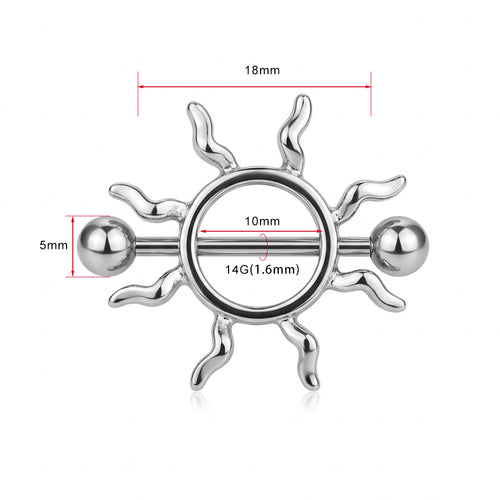 A product measurement diagram showing the dimensions of the unique sun nipple piercing jewelry, with arrows indicating 18mm length, 10mm inner diameter, 5mm bead size, and 14G thickness.