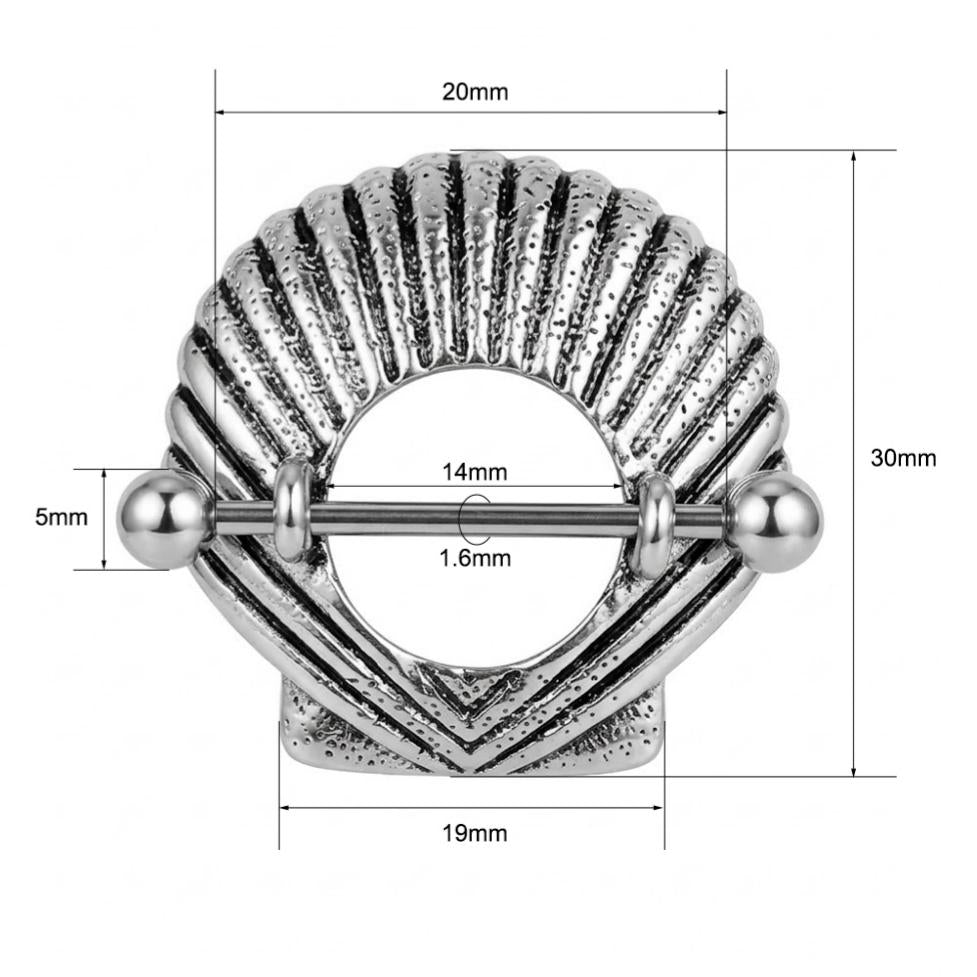 Detailed size chart for shell nipple jewelry showing 14mm bar length and 30mm height.
