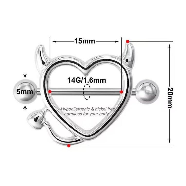 Size chart showing 14G 1.6mm gauge and 15mm length for nipple jewelry