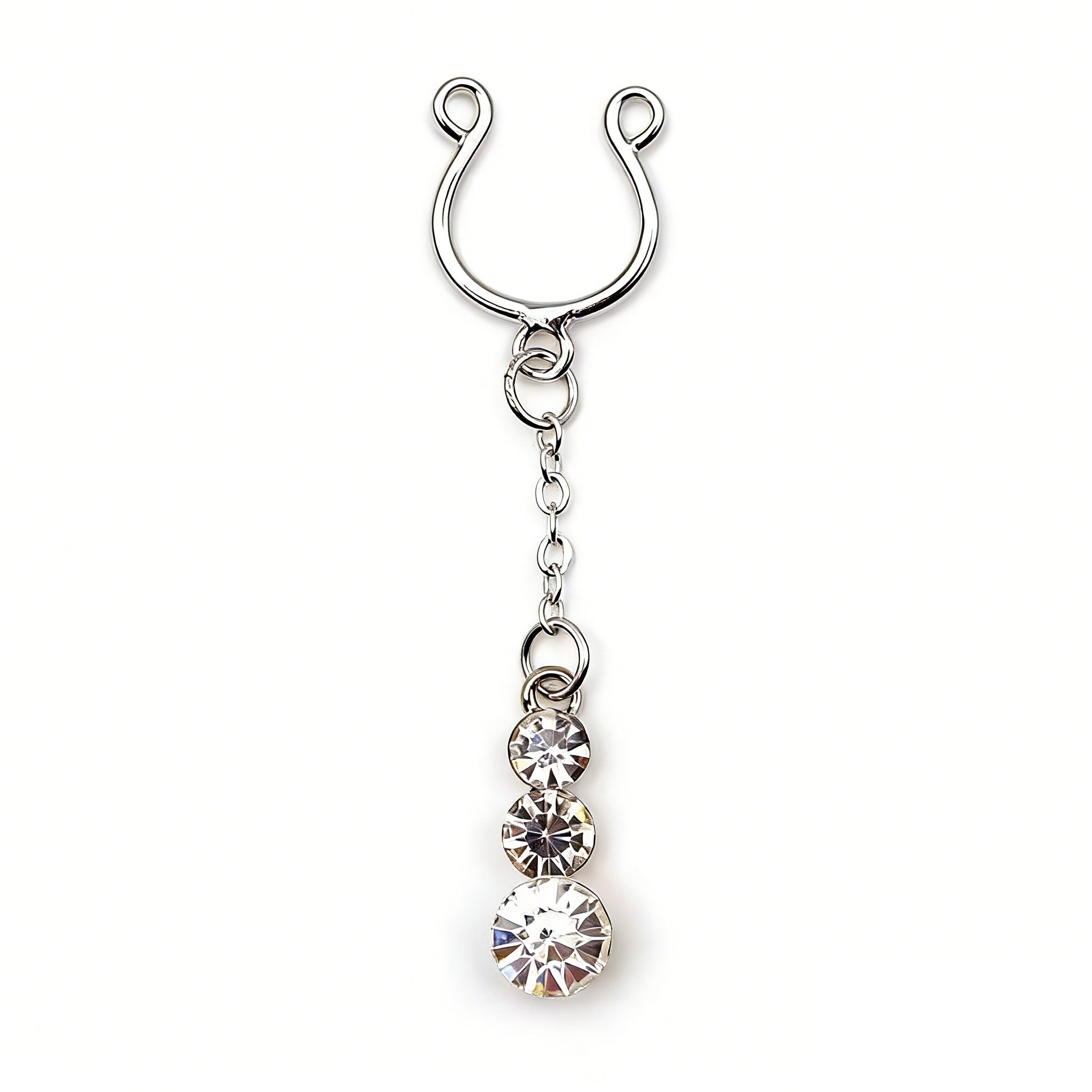 Silver non-piercing nipple ring with sparkling triple crystal dangle.