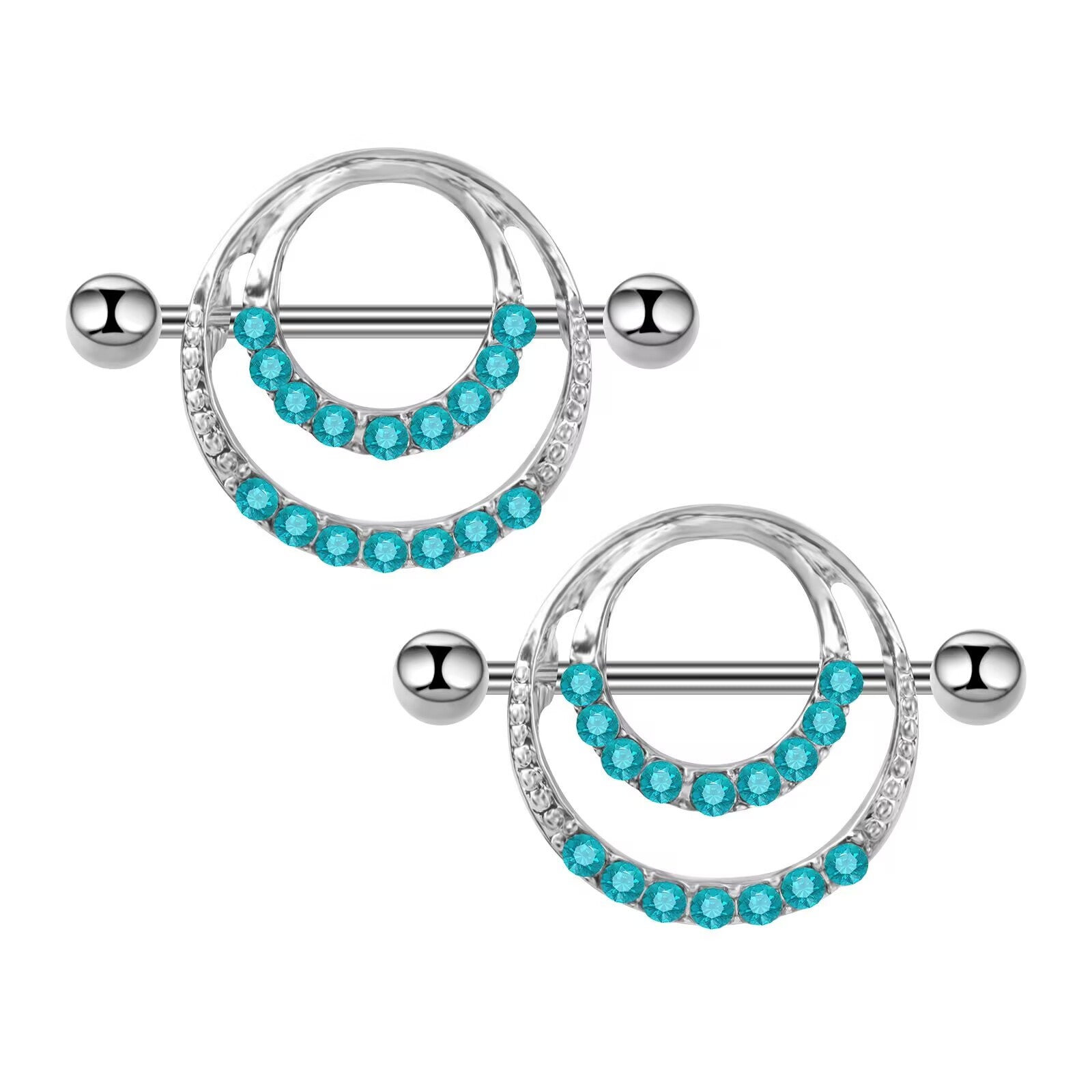 Vibrant ocean blue crystal double-ring nipple shields for alternative fashion.