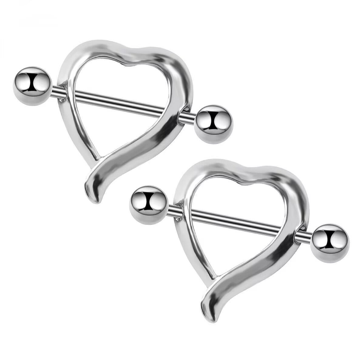 A matching pair of silver minimalist heart nipple rings