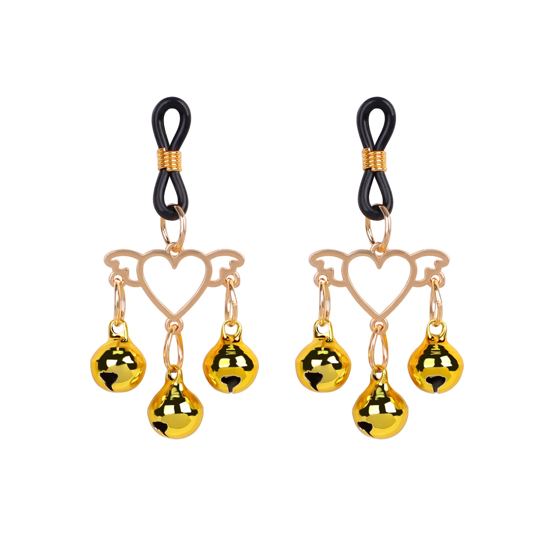 A pair of adjustable non-piercing nipple clamps featuring golden winged hearts and bells.
